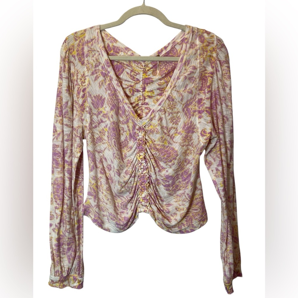Free People Ruched Say the Word Floral Cropped Long Sleeve Size L Cottagecore